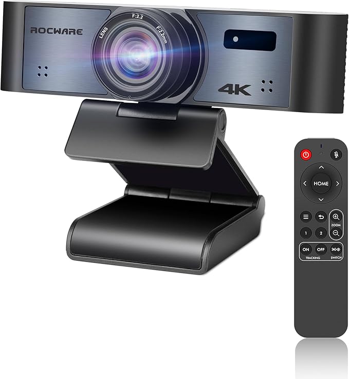 ROCWARE 4K Webcam with Remote, RC16 Computer Camera with Microphone,1080p 60fps FHD,AI Tracking,Privacy Cover, WDR,110°FOV,8X Digital Zoom,Streaming Camera for PC/Meeting/Teaching/Zoom