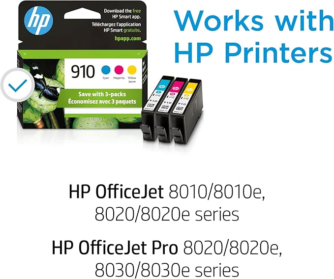 HP 910 Cyan, Magenta, Yellow Ink Cartridges | Works with HP OfficeJet 8010, 8020 Series, HP OfficeJet Pro 8020, 8030 Series | Eligible for Instant Ink | 3YN97AN, 3 Count (Pack of 1)