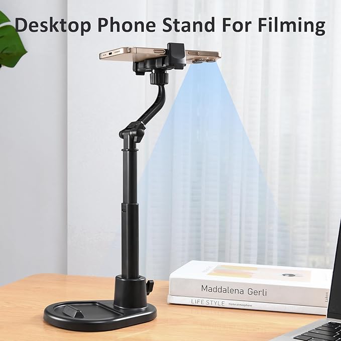 Phone Stand for Desk, Height Adjustable Cell Phone Holder for iPhone, 360 Degree Rotatable Office Phone Stand for Video Recording,Live Streaming,Compatible with All 4.7-7in Smartphones (T13-2)