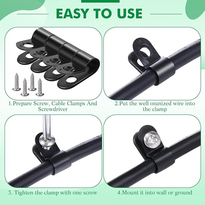 Hicarer 50 Pack R-Type Cable Clip Wire Clamp, Nylon Screw Mounting Cord Fastener Clips with 50 Pack Screws for Wire Management (Black, 1/4inch)