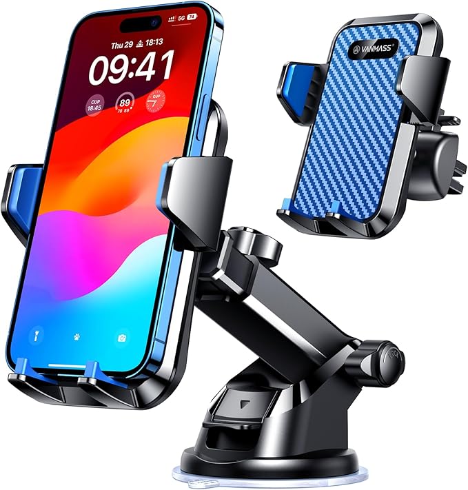VANMASS Universal Car Phone Mount,【Patent & Safety Certs】 Upgraded Handsfree Stand, Phone Holder for Car Dashboard Windshield Vent, Compatible iPhone 13 12 11 Pro Max Xs XR X 8, Galaxy (Blue)