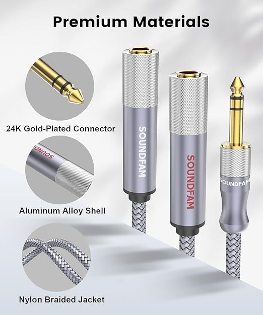 Microphone Splitter 2 Feet/60CM TRS 1/4 inch Splitter 1 Male to 2 Female, 6.35mm Stereo Male Plug to Dual 6.35mm Female-Grey (1PACK)