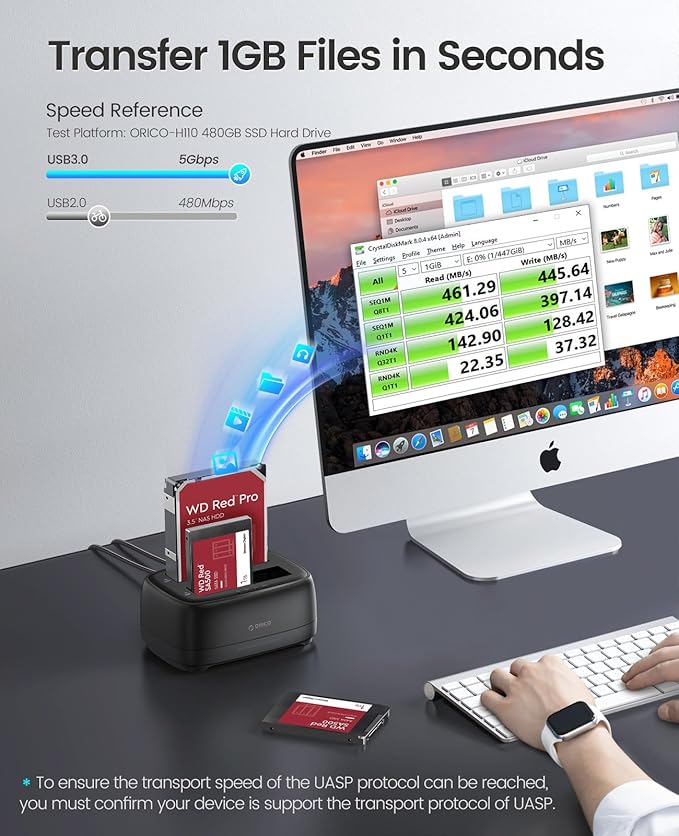 ORICO Hard Drive Docking Station Dual Bay USB 3.0 to SATA with Duplicator/Offline Clone Function External Hard Drive Dock for 2.5''/3.5'' HDD SSD Max Up to 44TB Support UASP Plug&Play-DD-C