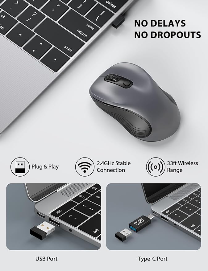 Trueque Wireless Mouse for Laptop, 2.4GHz Ergonomic Computer Mouse with Back & Forward Buttons, 3 Adjustable DPI Levels, 6 Buttons, Optical USB Cordless Mice for Windows Chromebook MacBook PC (Gray)