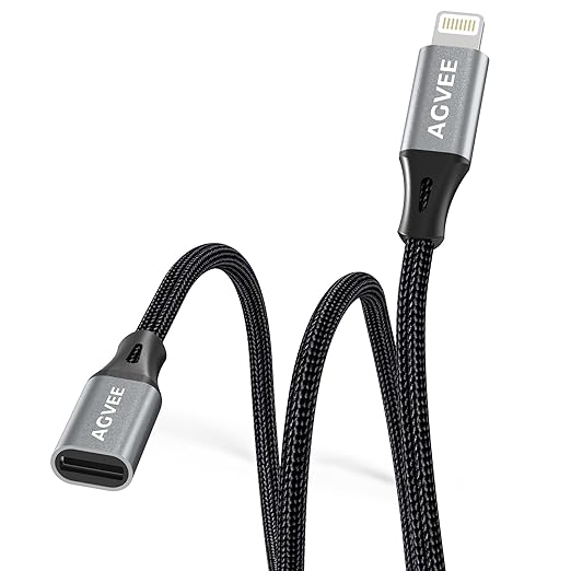 AGVEE 2 Pack 3.3ft Lightning Extension Cable, Braided Female to Male Extender Full Function Cord Compatible with iPhone iPad, Data Sync Video Audio & Charging Charger Connector Adapter, Dark Gray