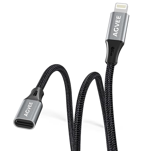 AGVEE 2 Pack 6.6ft Lightning Extension Cable, Braided Female to Male Extender Full Function Cord Compatible with iPhone iPad, Data Sync Video Audio & Charging Connector Adapter, Dark Gray
