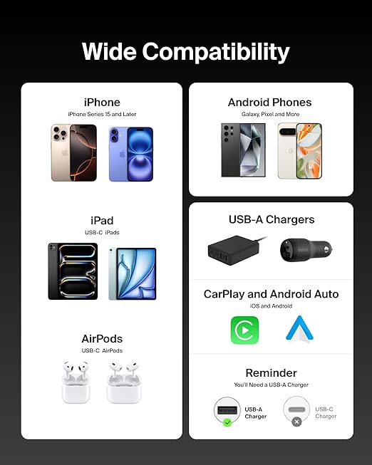 Belkin USB A to USB C Cable 2-Pack, 9.9ft, 15W - Type C Charger, iPhone Charger Cord, Soft, Braided, Flexible for iPhone 16 & 15, Galaxy S25, Pixel 9, iPad Pro, Airpods Pro, Switch & More - Black