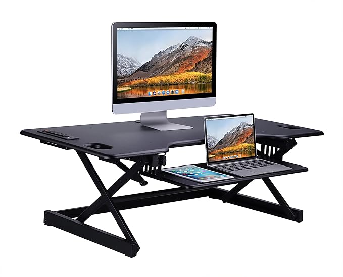 Rocelco 46" Height Adjustable Standing Desk Converter with AC USB Charger and Anti Fatigue Floor Mat - Sit Stand Up Triple Screen Riser Workstation - Keyboard Tray - Black (R DADRB-46-ACUSB-MAFM)