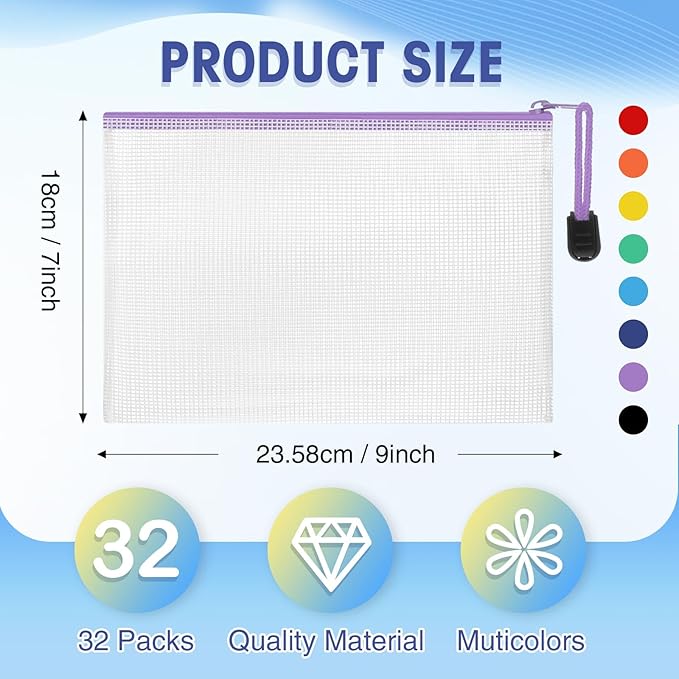 Jetec 32 Pcs Mesh Zipper Bags Toy Storage Bikini Organizer Bag Bolsas Para Guardar Trajes De Baño Waterproof Zipper Reusable Pouch Puzzle Multipurpose for Storage Office(Sweet Color,9 x 7 Inch)