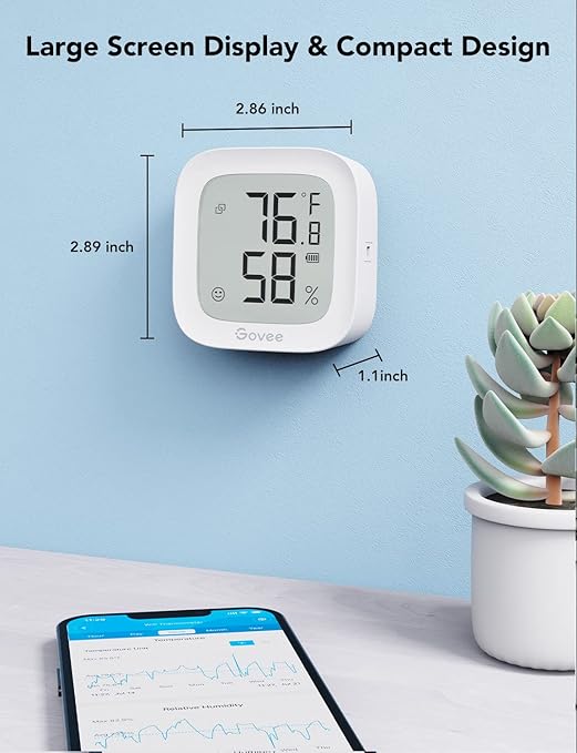Govee WiFi Thermometer Hygrometer H5103, Indoor Bluetooth Temperature Humidity Sensor with Electronic Ink Display, App Notification Alert, Free Data Storage Export, Digital Remote Monitor for Bedroom