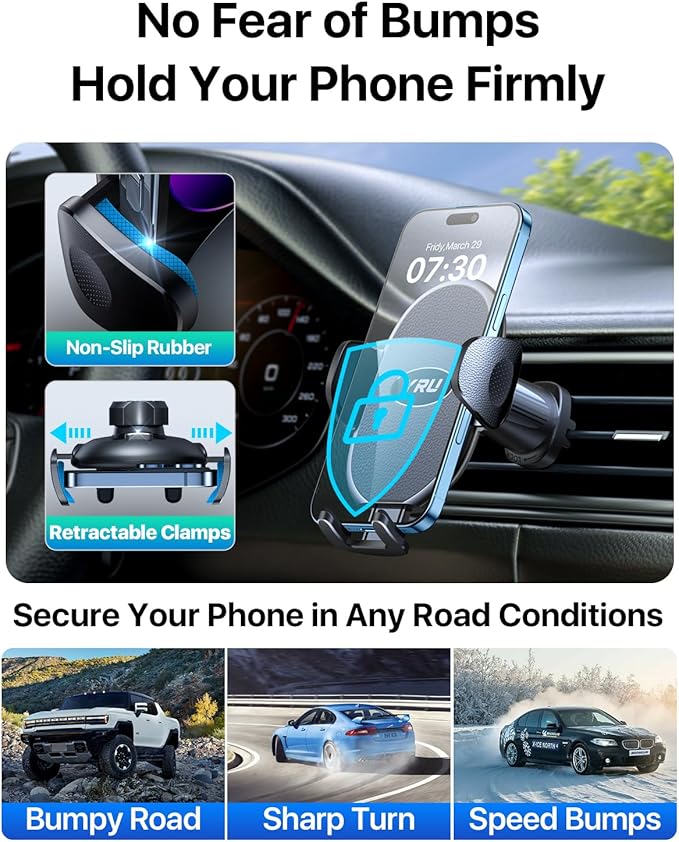 YRU Car Phone Holder [2025 Upgraded Metal Hook Clip], Phone Holders for Your Car [No Fear of Bumps] Air Vent Cellphone Mount Widely Compatible with iPhone16 15 14 13 12 Samsung Android, Grey