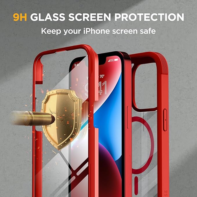 Miracase Magnetic for iPhone 14 Case 6.1", [Built-in Tempered Glass Screen Protector + Lens Protector] [Compatible with MagSafe] Full-Body Protective Bumper 14 Phone Cover, Red