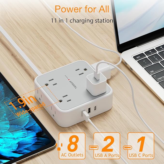 Flat Plug 20 FT Long Extension Cord, TESSAN Ultra Thin Power Strip Surge Protector with 8 AC Outlets, 900J, 3 USB Charger(1 USB C), Multi Port Charging Station for Home, Office, Dorm Room Essentials