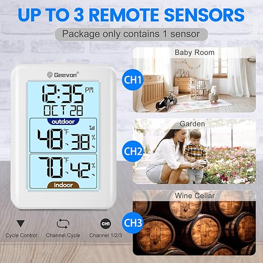 Geevon Digital Hygrometer Indoor Outdoor Thermometer Wireless with Clock, Backlight Temperature Gauge Humidity Monitor, Inside Outside Thermometer with 200ft/60m Range Remote Sensor,White