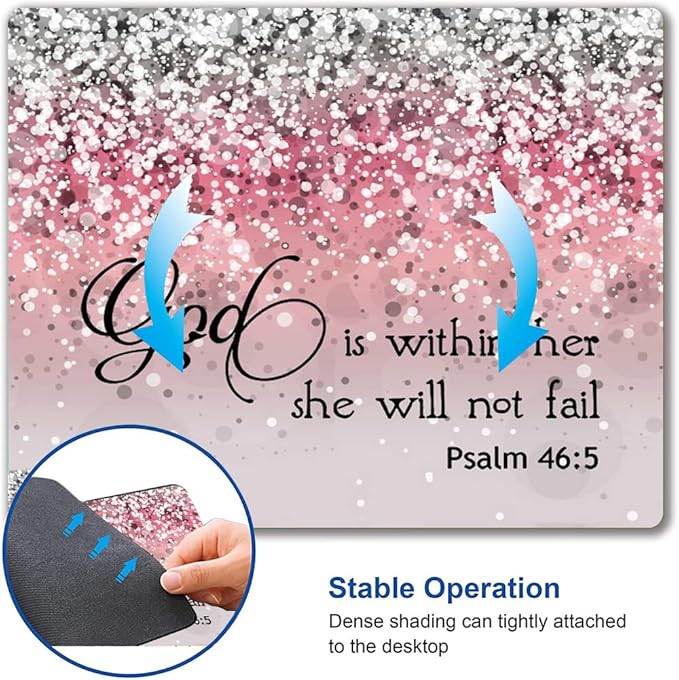 Mouse Pad, Bible Verse Pink Sparkles Glitter Mouse pad, Square Waterproof Mouse Pad Non-Slip Rubber Base MousePads for Office Laptop, (Psalm 46:5 God is Within Her,She Will not Fall)