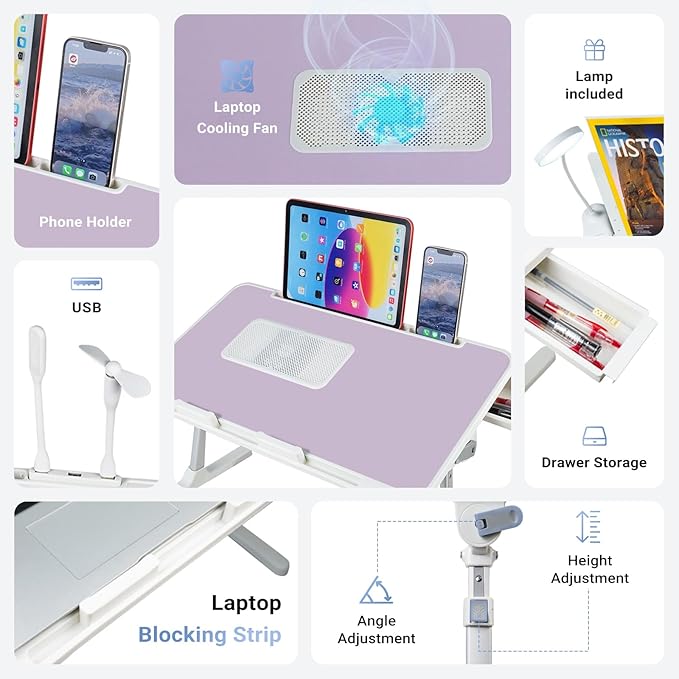 Laptop Lap Desk Include Cooling Fan,Adjustable Lap Desk with Light Fan,Folding Laptop Desk for Bed with USB,Bed Desk with Storage Drawer 56x32cm,Purple