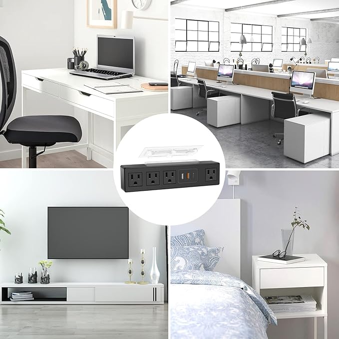 HHSOET Under Desk Power Strip with 3M Adhesive, Removable Under Desktop Mount Plug with Fast Charging USB C and USB A Ports, 4 Outlet Under Table Surge Protector 1200J, 6FT Extension Cord. (Black)