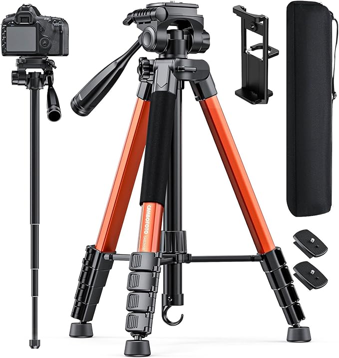 73" Camera Tripod and Monopod, Professional Aluminum Tripod Stand for Mirrorless Camera/DSLR/Cell Phone/Camcorder/GoPro, with Phone Holder and Travel Bag (Burnt Orange)