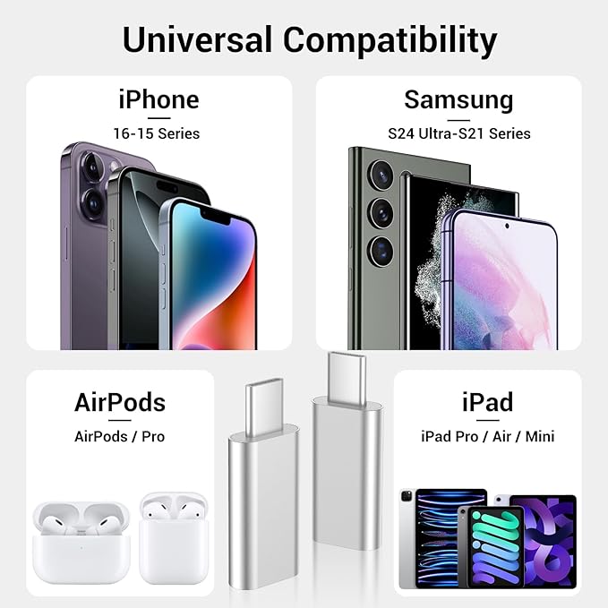 Temdan 4 Pack Lightning to USB C Adapter for iPhone 15/16 Pro/Pro Max/Plus, Samsung S24, Serial Adapter, Type C Charger Connector Cable, Accessories - Silver