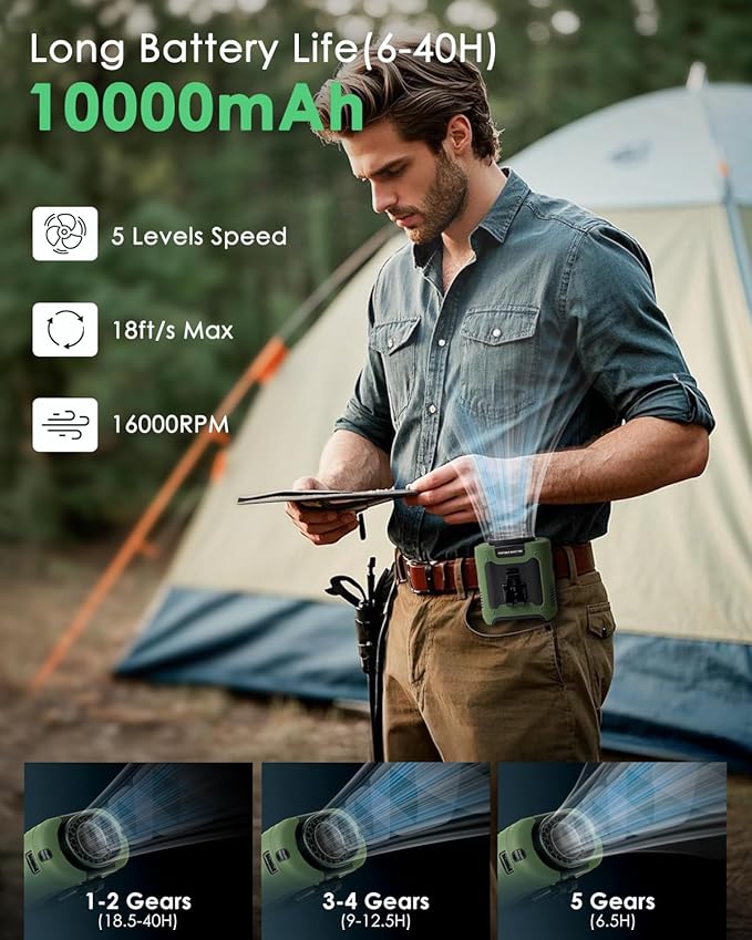 Portable Waist Fan Clip on, Personal Wearable Belt Fan 10000mAh Rechargeable Battery Under Shirt,5 Speeds with light, Neck Fan Hands-Free Cooling For Outdoor Camping Travel (Green)