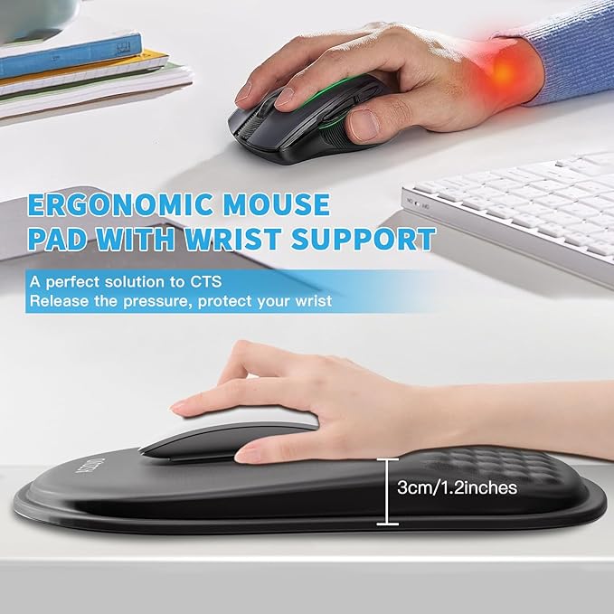 Mouse Pad with Wrist Rest, Ergonomic Mousepads with Wrist Support, Soft Lycra Fabric Memory Foam Office Desk Accessories for Comfort/Pain Relief/PC Gaming/Computer/Laptop (Black)