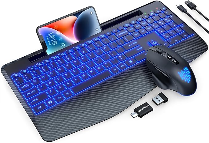 Wireless Keyboard and Mouse Backlits, Wrist Rest, LED Mouse, Rechargeable Ergonomic Keyboard with Phone Holder, Silent Light Up Combo for Computer, Mac, PC, Laptop, Chromebook (Black)