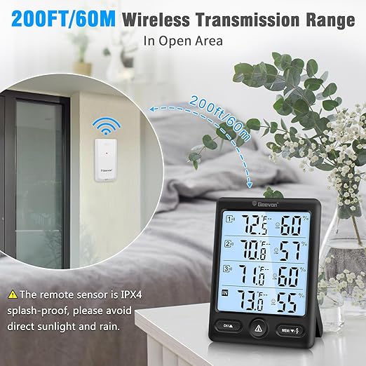 Geevon Indoor Outdoor Thermometer Wireless 3 Remote Sensors, 5-Inch Display Digital Hygrometer Thermometer Temperature Humidity Monitor with 8S Backlight, Battery-Powered (Black)