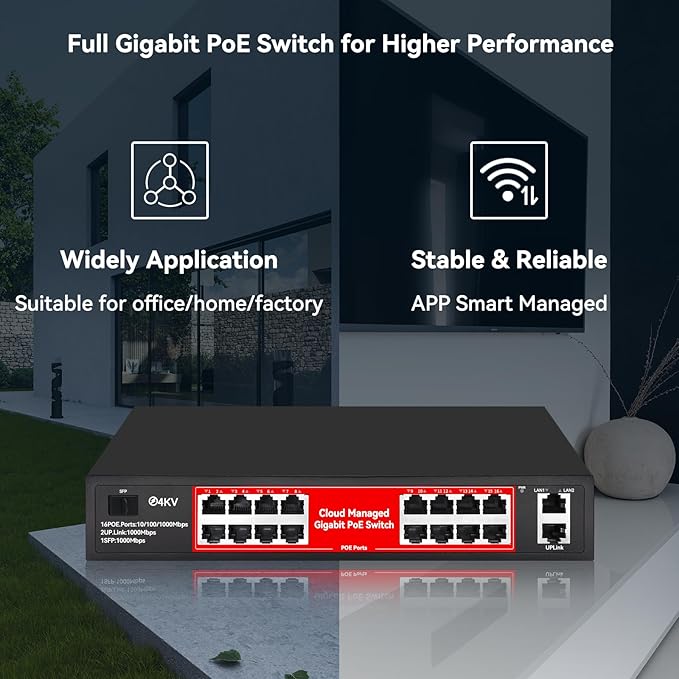 STEAMEMO 16 Port Gigabit PoE Switch, Smart Managed Gigabit Ethernet Switch, 16 PoE+ Ports@240W, Plug and Play, Vlan, Fanless, Desktop or Rackmount, Overload Protection w/ Port