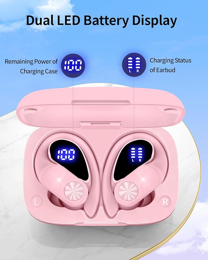 PocBuds Bluetooth Headphones Wireless Earbuds 80hrs Playtime Wireless Charging Case Digital Display Sports Ear Buds with Earhook Deep Bass IPX7 Waterproof Over-Ear Earphones for TV Phone Laptop Pink