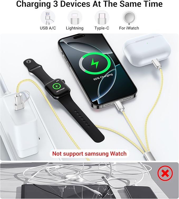 Temdan for Travel Vacation Essentials,3 in 2 USB C Cable for Apple Watch Charger/iPhone 16 Charger/Lightning,Multi Charging Cable Cord,Camping Essentials,Designed for iWatch &iPhone 16-12-4FT Yellow