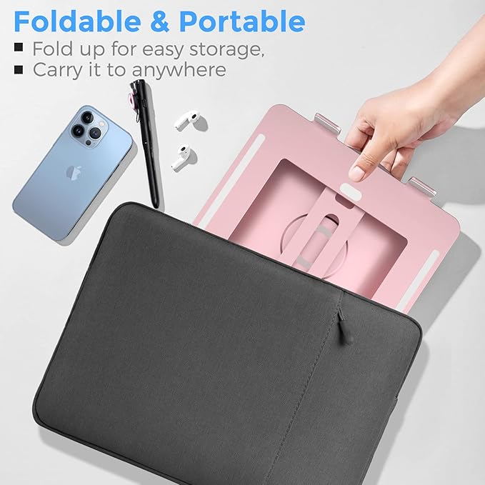 Swivel Laptop Stand for Desk, Adjustable Height Aluminum Computer Stand with 360 Rotating Base, Foldable Ergonomic Riser, Portable Laptop Holder Compatible with MacBook, All Laptops 10-17'', Pink
