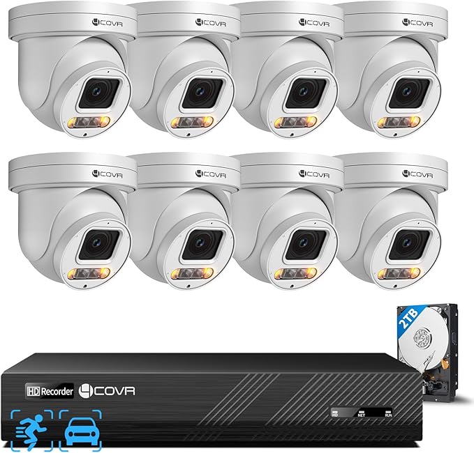 4COVR PoE PTZ Security Camera System 8 Channel, 8X 5MP IP PTZ Camera Two Way Audio, 280ｰ Pan 90ｰ Tilt 5X Optical Zoom, Smart Color Night Vision, Human Vehicle Detection, 4K NVR 2TB HDD, LY5XCP5M0808