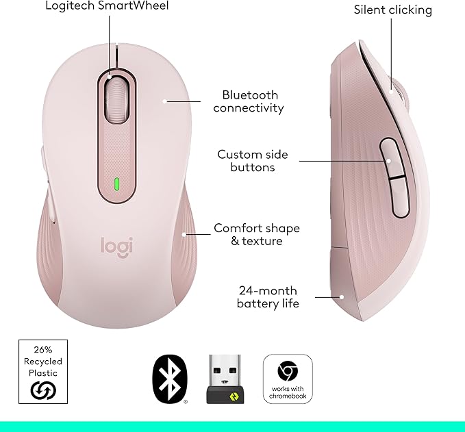 Logitech Wireless Mouse Signature M650- Small Hands, 2-Year Battery, Silent Clicks, Customizable Buttons, Bluetooth, PC/Mac/Chromebook - Rose, Right-Handed, Small-Medium