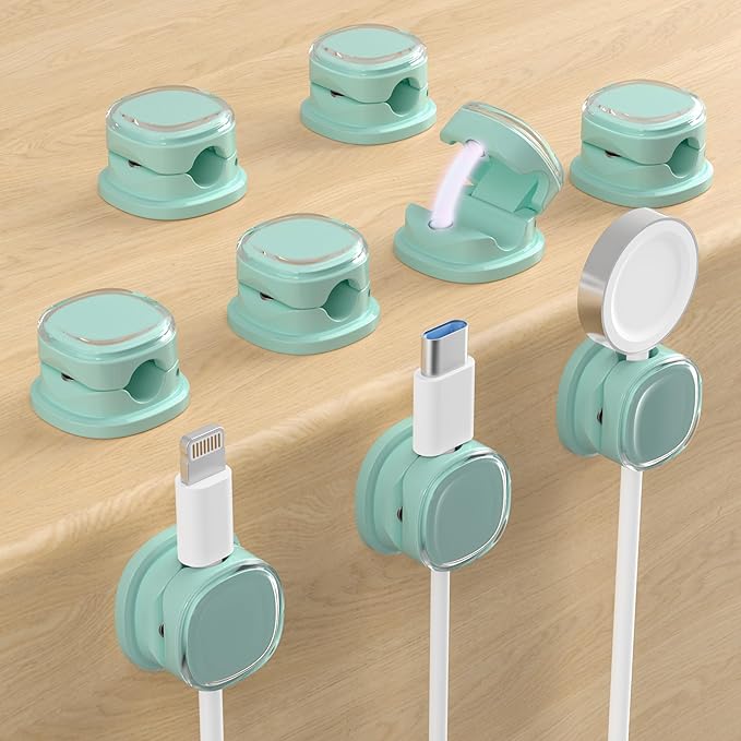Magnetic Cable Clips, Adjustable Cord Holder Management, Adhesive Wire Keeper Organizer for Home Office Desk Phone PC Car Wall Desktop Nightstand Appliance (9-PCS Cyan)