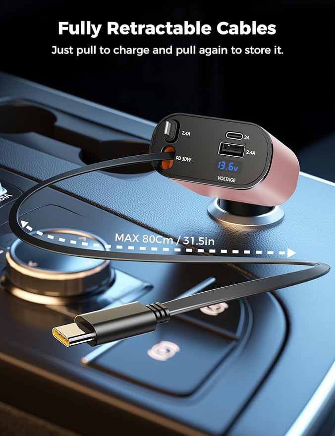【Upgraded】 SUPERONE Retractable Car Charger 4 in 1, Fast Car Phone Charger with Cord 2.6ft, USB C Car Charger Adapter, Compatible with iPhone 15/15 Pro Max/14/13/12/11, Galaxy, Pixel