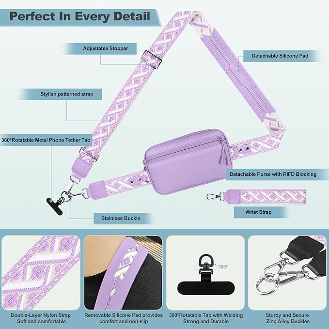 Clip and Go Strap for Phone with Wallet Crossbody, Adjustable Phone Lanyard with Detachable RFID Wristlet Wallet, Pattern Strap - Purple (L)