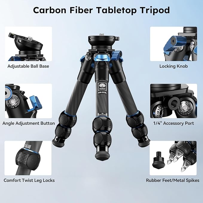 SIRUI Carbon Fiber Tabletop Tripod Kit with ±15° Bowl Adjustment, Compact Ultra-Light Weight Only 0.62kg, Max Load 5kg/11.02lb for Cameras, DSLR（AM-223L）