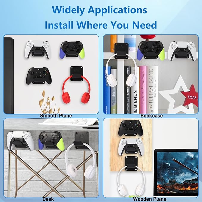 Controller Holders Wall Mount 3 Pack Wall Stands With Non-Slip Pads, Premium Headphone Mount for Controllers and Headsets, Black, YCKJ-WM-01