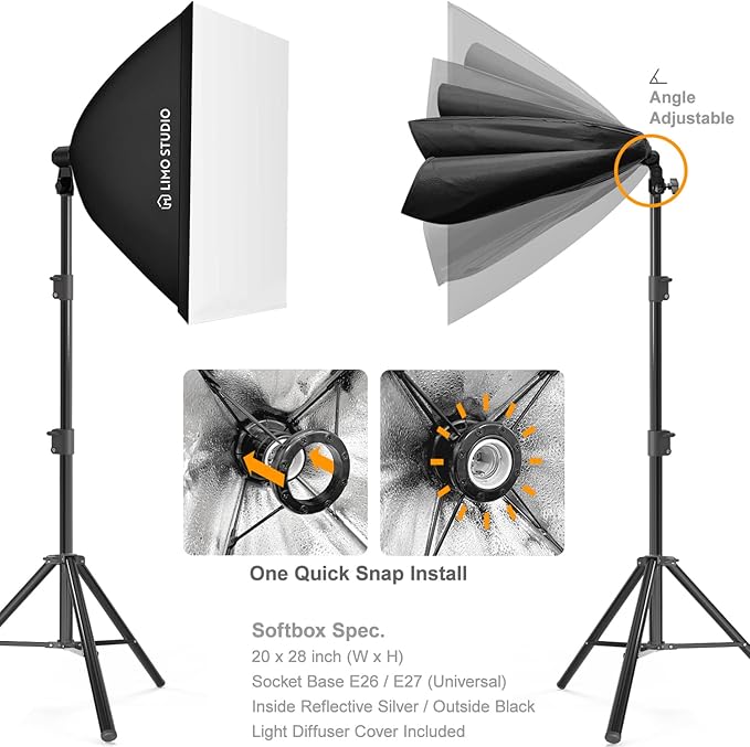 LimoStudio (LED Super Bright) 1600W Output Remote Control, 20 x 28 inch Softbox Continuous Lighting Kit, 3000K-6500K Adjustable Color Temperature, 7600 Lumen, CRI>95, Soft Box Light Diffuser, AGG3431