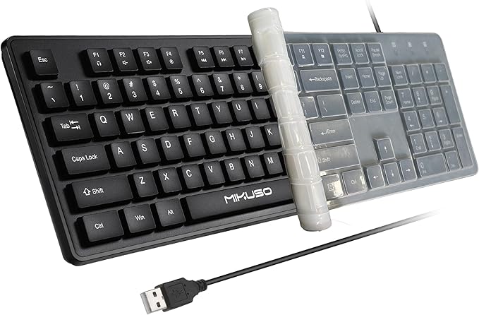 Wired Computers Keyboard with Cover Comfortable Hand Feel,Laser Engraved Characters,12 Multimedia Keys USB Interface Suitable for Laptop PC,Full Size 104 Keyboards, Plug and Play, Office
