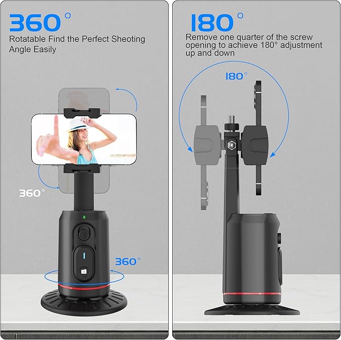 Auto Face Tracking Phone Holder for Phone, GoPro, Compact Camera, 360° Rotation Mount with Remote Compatible with Tripod, Rotating Stand for iPhone for Vlog, Streaming, Video, FaceTime, TIK Tok