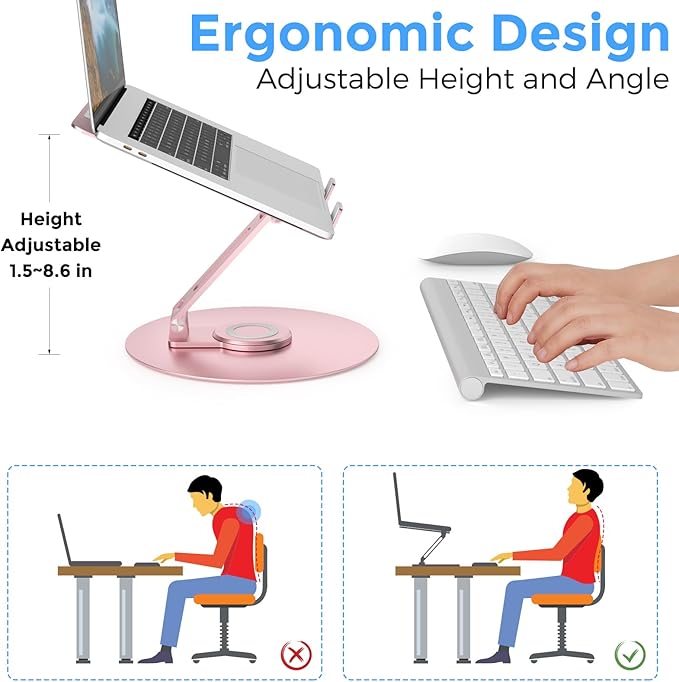Swivel Laptop Stand for Desk, Adjustable Height Aluminum Computer Stand with 360 Rotating Base, Foldable Ergonomic Riser, Portable Laptop Holder Compatible with MacBook, All Laptops 10-17'', Pink