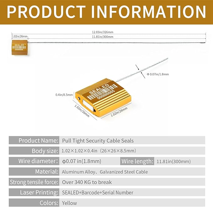 100 Yellow Steel Cable Seals with Barcode, ISO 17712 Security Seals: Truck Seal, Anti-Tamper Pull Tite Tags, Self-Locking Safety Ties