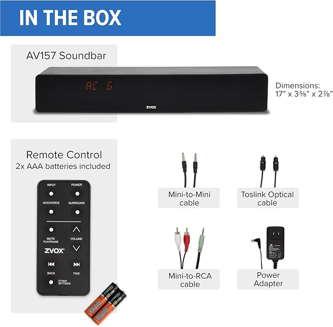 ZVOX Dialogue Clarifying Sound Bar - Patented Hearing Technology, AccuVoice TV Sound Bar with 12 Levels of Voice Boost, 17" Home Theater TV Speakers, Ideal for Smart TVs - AV157 Espresso