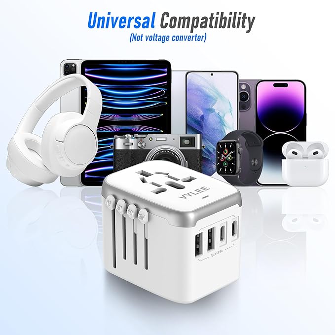 Universal International Power Travel Plug Adapter, 5 in 1 European Travel Plug Adapter W/ 3.5A 2xUSB-A and 2xUSB C Wall Charger and Worldwide AC Outlet for Europe USA UK AUS Asia (White Grey)