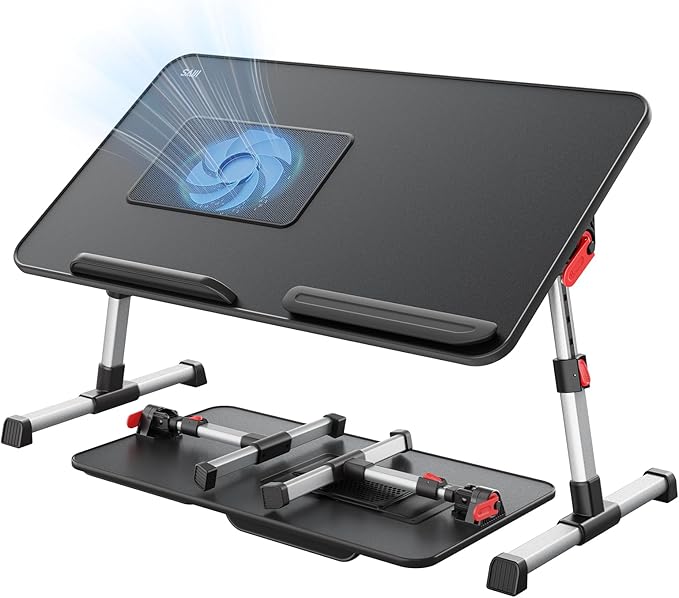 Laptop Desk for Bed with Cooling Fan, SAIJI Height & Angle Adjustable Laptop Stand for Bed, Lap Desk Tray Table, Lightweight Foldable Portable Computer Table for Couch Sofa Chair Floor Desk (Black)