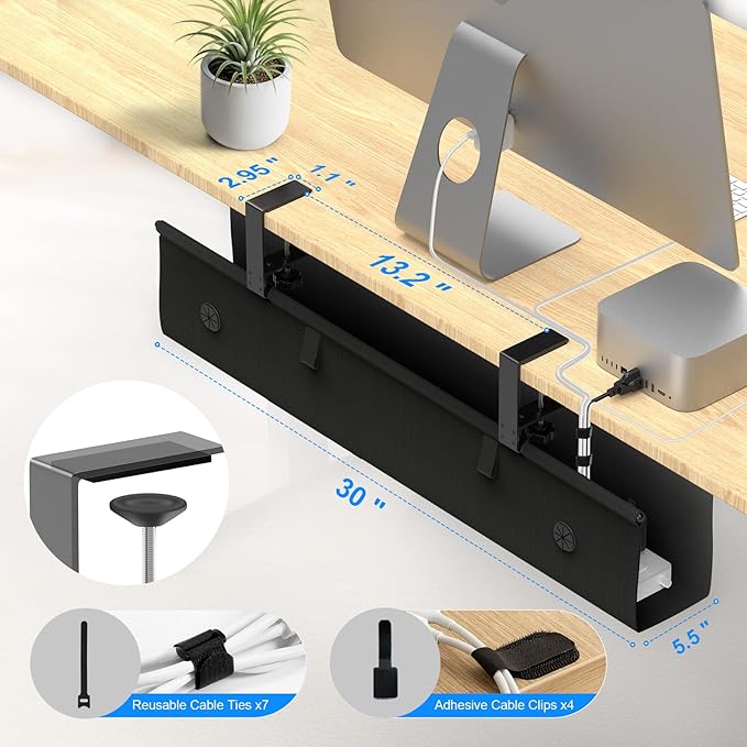 Under Desk Cable Management Tray, 30-inch No-Drill Cord Organizer with Anti-Sag Reinforced Base, Fabric Wire Management Hider for Standing Desk, Office & Gaming Accessories - Black