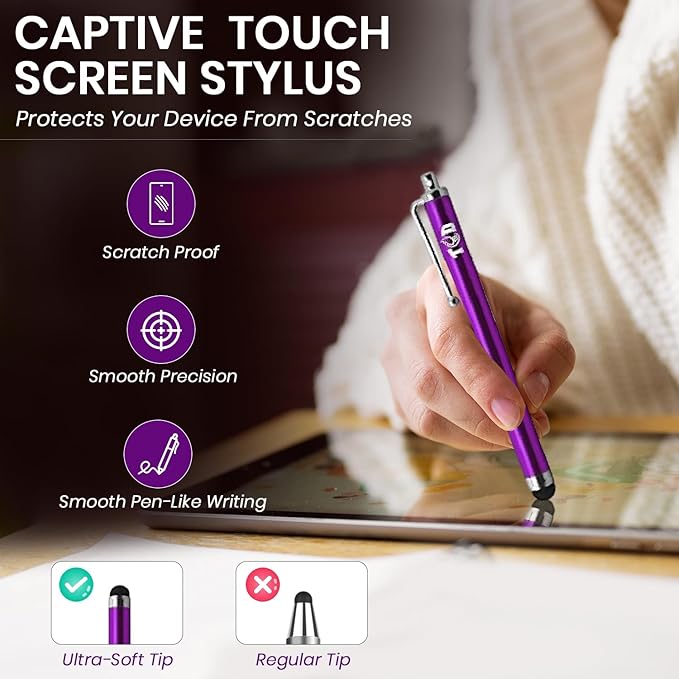 TCD 10 Pack Stylus Pen for Touch Screen, Universal Capacitive Digital Stylus Pen for iPad, iPhone, Tablet, Laptop – Premium Thick Styluses for All Touchscreen Devices with Rubber Tip, Purple
