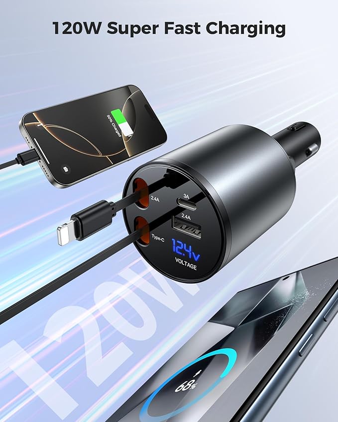 Retractable Car Charger, [2025 New] 4 in 1 Fast Car Phone Charger with Retractable Type C & L Cords, 120W USB Car Charging Adapter for iPhone 16 Pro Max 15 14 13 12, Samsung Galaxy, Pixel