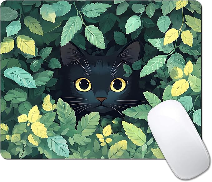 Green Flowers Black Cat Custom Mouse Pad with Non-Slip Rubber, Small Square Design for Wireless Laptop & Computer Mouse Pads for Desk, 9.5 x 7.9 inch Smooth Surface for Gaming & Office